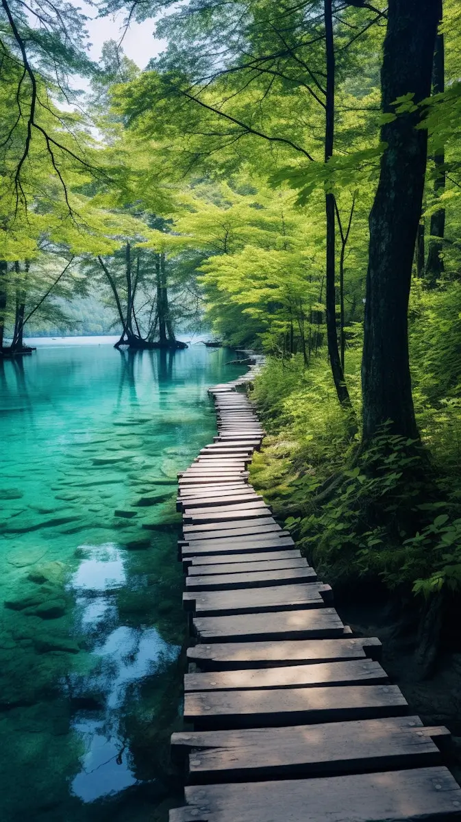 A peaceful wooden pathway made of uneven planks winds along the edge of a crystal-clear turquoise lake, surrounded by lush green trees. Sunlight filters through the leaves, casting dappled light on the water and the pathway, creating a tranquil and enchanting atmosphere.